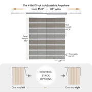 GoDear Design Measurement chart for a curtain track system with dimensions and control stack options.