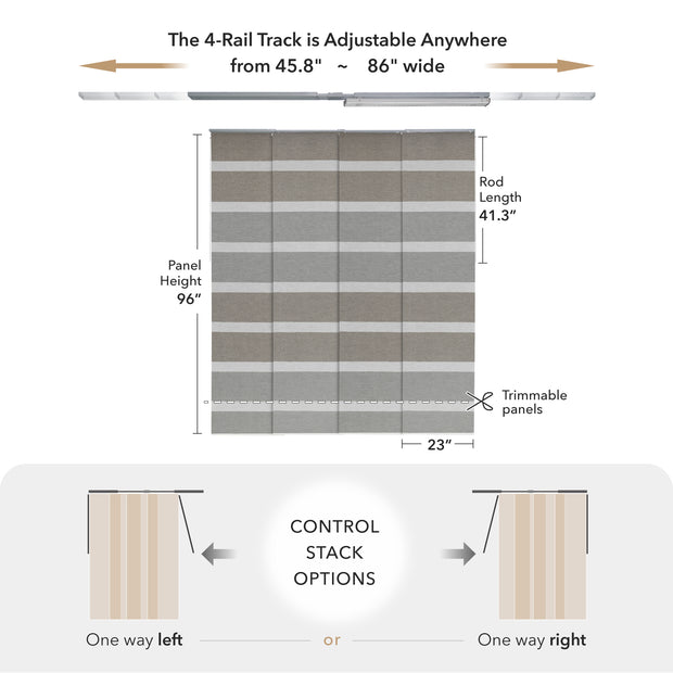 GoDear Design Measurement chart for a curtain track system with dimensions and control stack options.