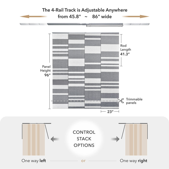 GoDear Design Measurement chart for a curtain with adjustable rail track and panel dimensions.