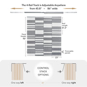 GoDear Design Measurement chart for a curtain with adjustable rail track and panel dimensions.