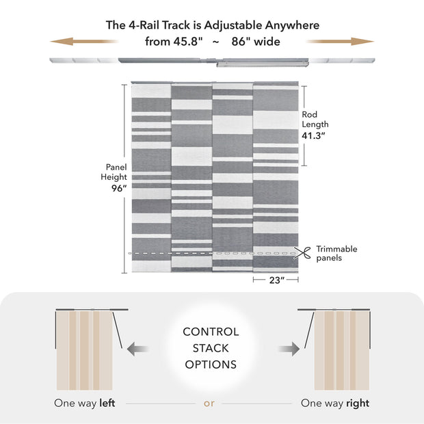 GoDear Design Measurement chart for a curtain with adjustable rail track and panel dimensions.