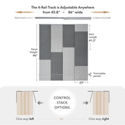GoDear Design Measurement chart for a curtain track system with adjustable width and height specifications.