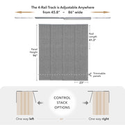 GoDear Design Measurement chart of a curtain track system with dimensions and panel options.