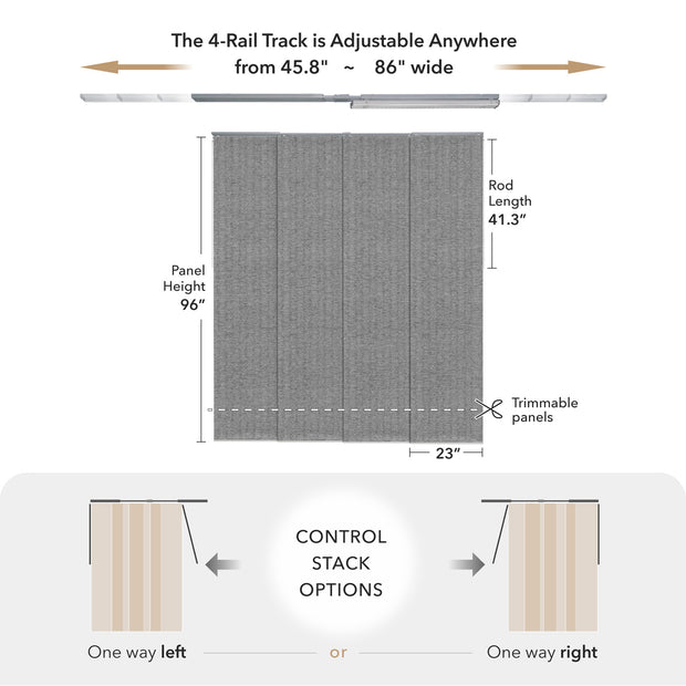 GoDear Design Measurement chart of a curtain track system with dimensions and panel options.
