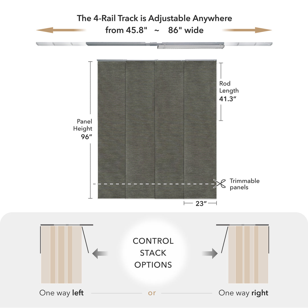 Measurement chart of a curtain track system with dimensions and panel options.