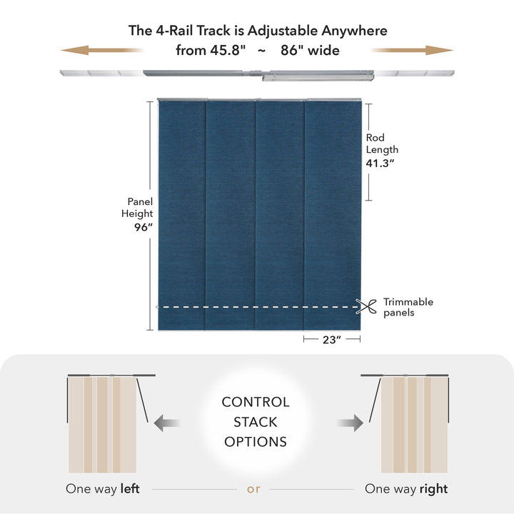 GoDear Design Measurement chart for a curtain track system with blue panels and adjustable dimensions.