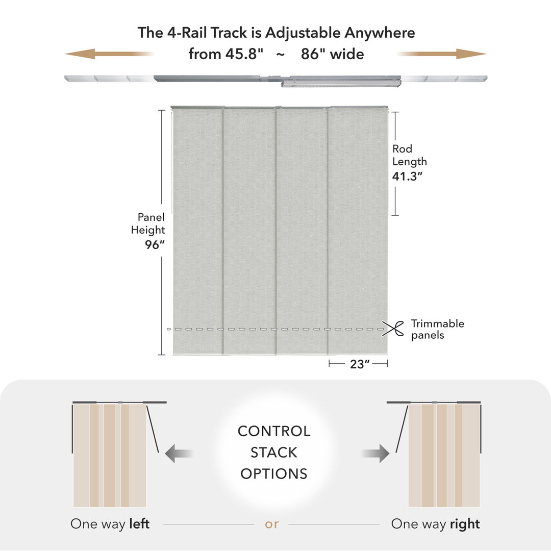 GoDear Design Measurement chart for a curtain track system with dimensions and control stack options.