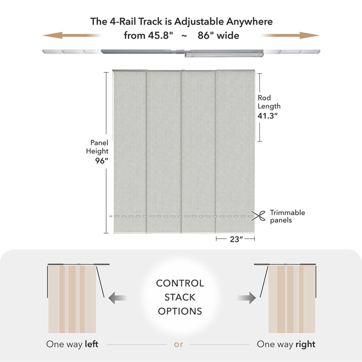 GoDear Design Measurement chart for a curtain track system with dimensions and control stack options.