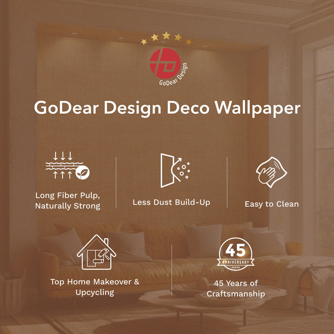 An infographic from GoDear Design highlighting the benefits of their decorative wall material. The image shows a cozy living room with a neutral-toned couch and a coffee table. The text overlays emphasize key features like being made from "Long Fiber Pulp," "Less Dust Build-Up," and "Easy to Clean." The visual also promotes its use for "Top Home Makeover & Upcycling" and celebrates "45 Years of Craftsmanship," conveying the product's quality, durability, and brand history.