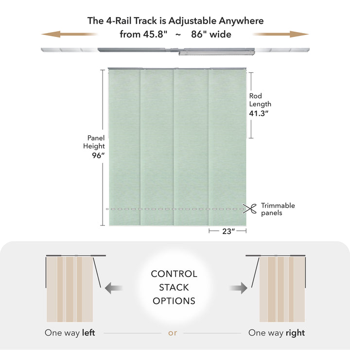 Measurement chart for a curtain track system with adjustable dimensions and panel options.