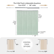 Measurement chart for a curtain track system with adjustable dimensions and panel options.