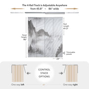 GoDear Measurement chart for a curtain track system with adjustable width and height specifications.