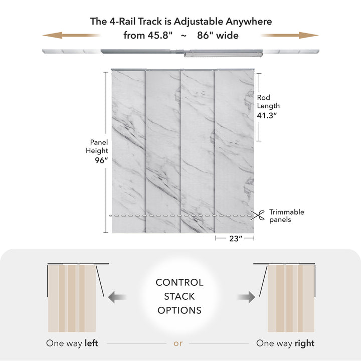 81GoDear Design Measurement chart of a curtain track system with panel dimensions and adjustable range.