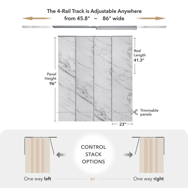 81GoDear Design Measurement chart of a curtain track system with panel dimensions and adjustable range.