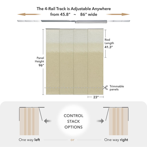 Measurement chart for a 4-Rail Track system with dimensions and control stack options.