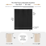 GoDear Design Measurement chart for a curtain track system with dimensions and control stack options.