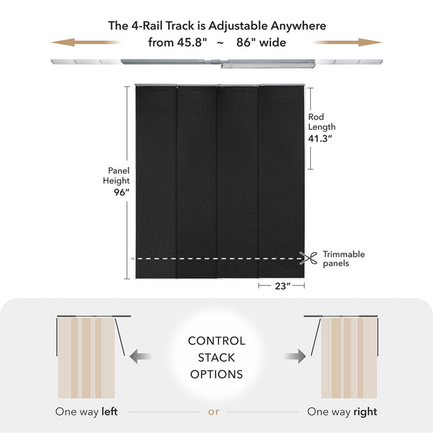 GoDear Design Measurement chart for a curtain track system with dimensions and control stack options.