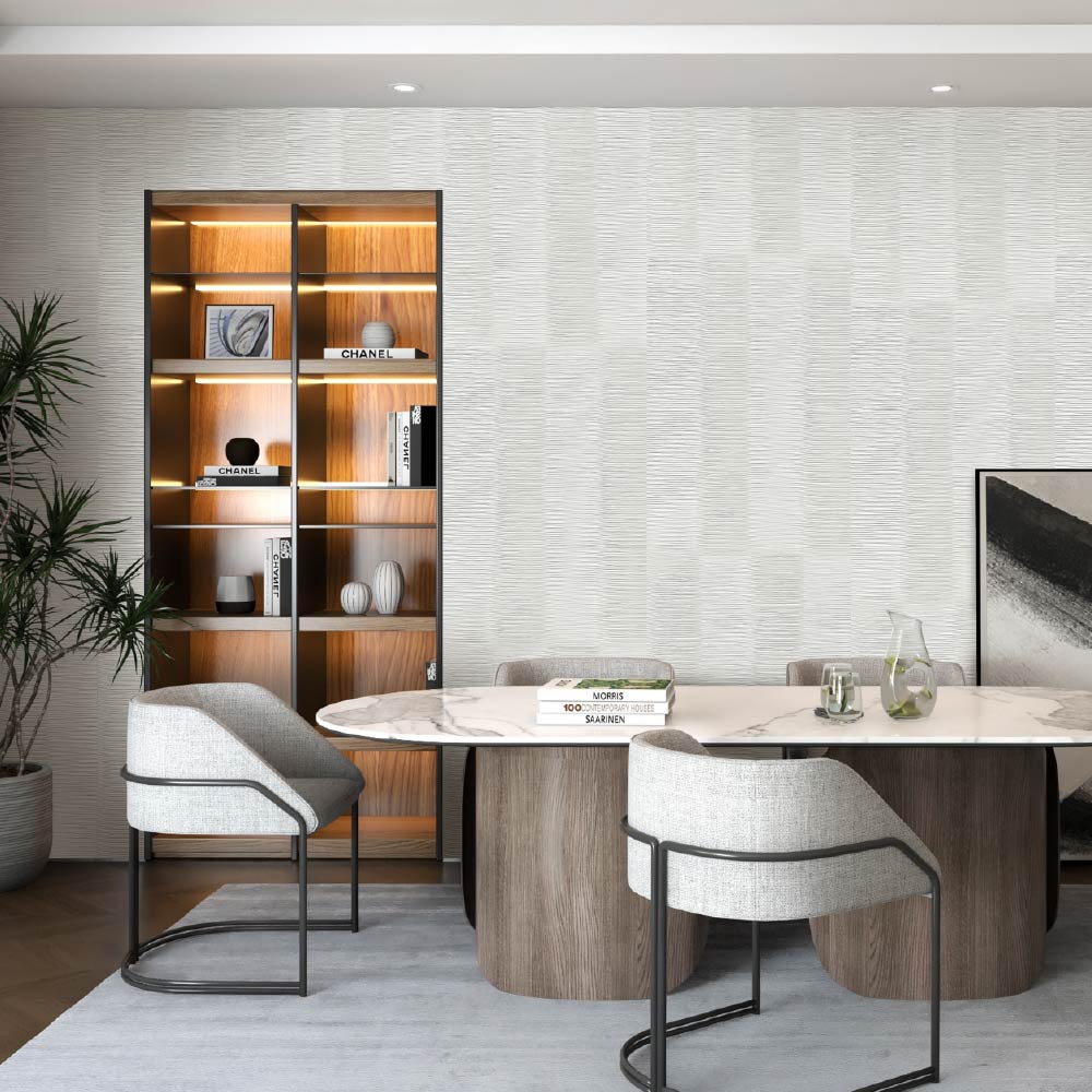 Modern dining room with wooden table, chairs, and a bookshelf.