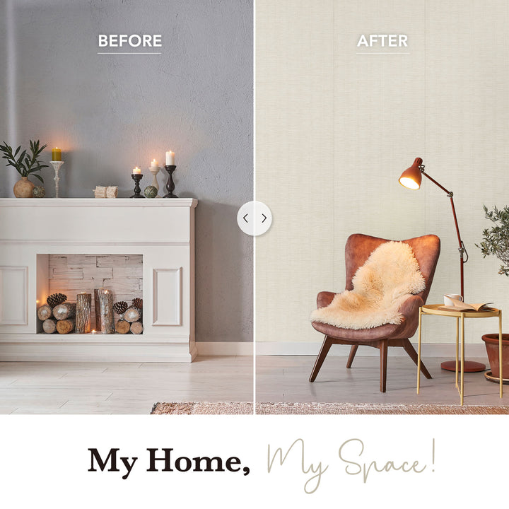 GoDear_Design_Before and after comparison of a living room interior design with a fireplace and modern chair.