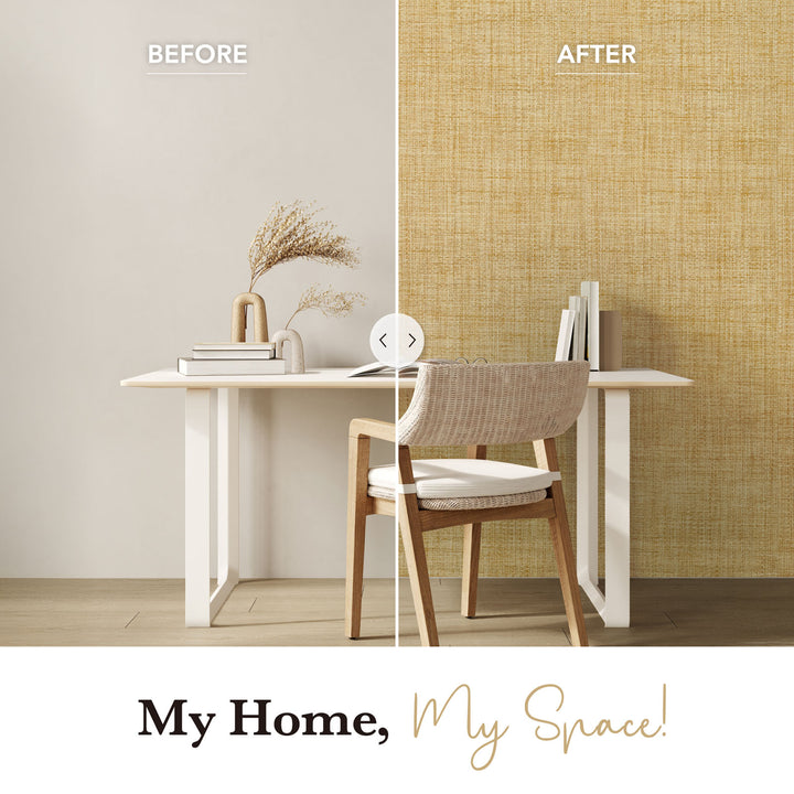 Before and after comparison showing a plain white wall transformed with golden woven texture wallpaper in a minimalist home office with desk, chair, and books.