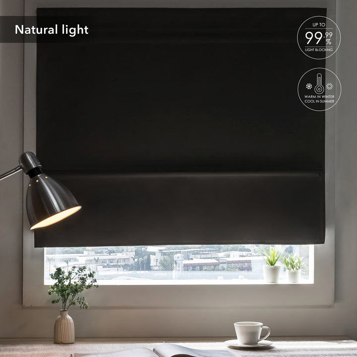 GoDear Design Black roller blind with light filtering properties in a room with a lamp and plants.