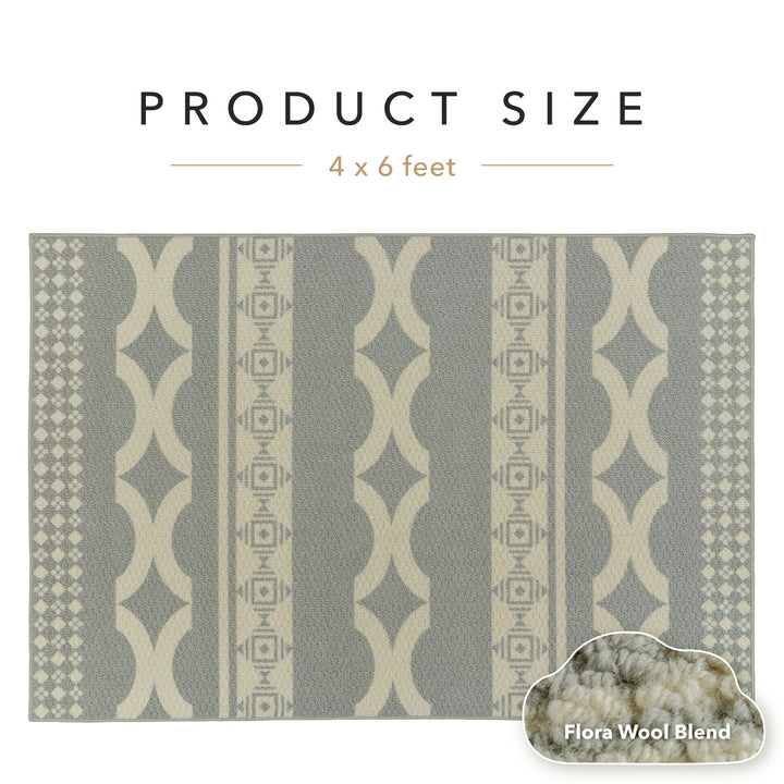 Patterned rug with geometric design on a white background, labeled 'Product Size 4 x 6 feet'.