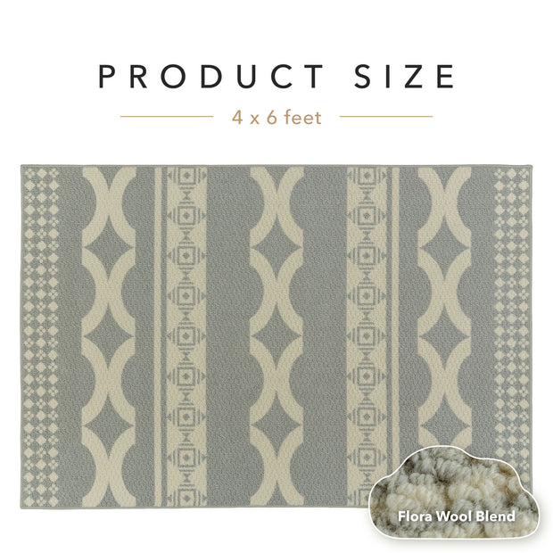 Patterned rug with geometric design on a white background, labeled 'Product Size 4 x 6 feet'.