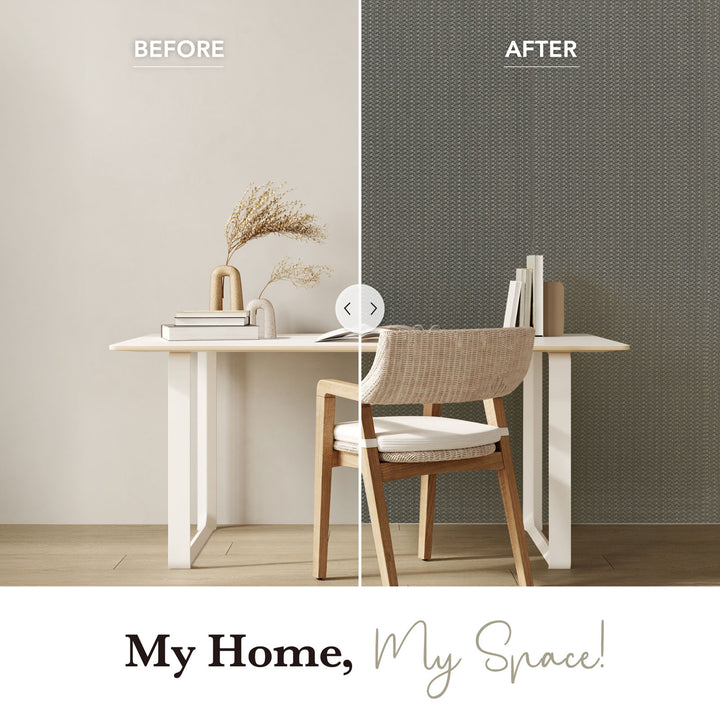 Before and after comparison of a dining area with a wall treatment change.