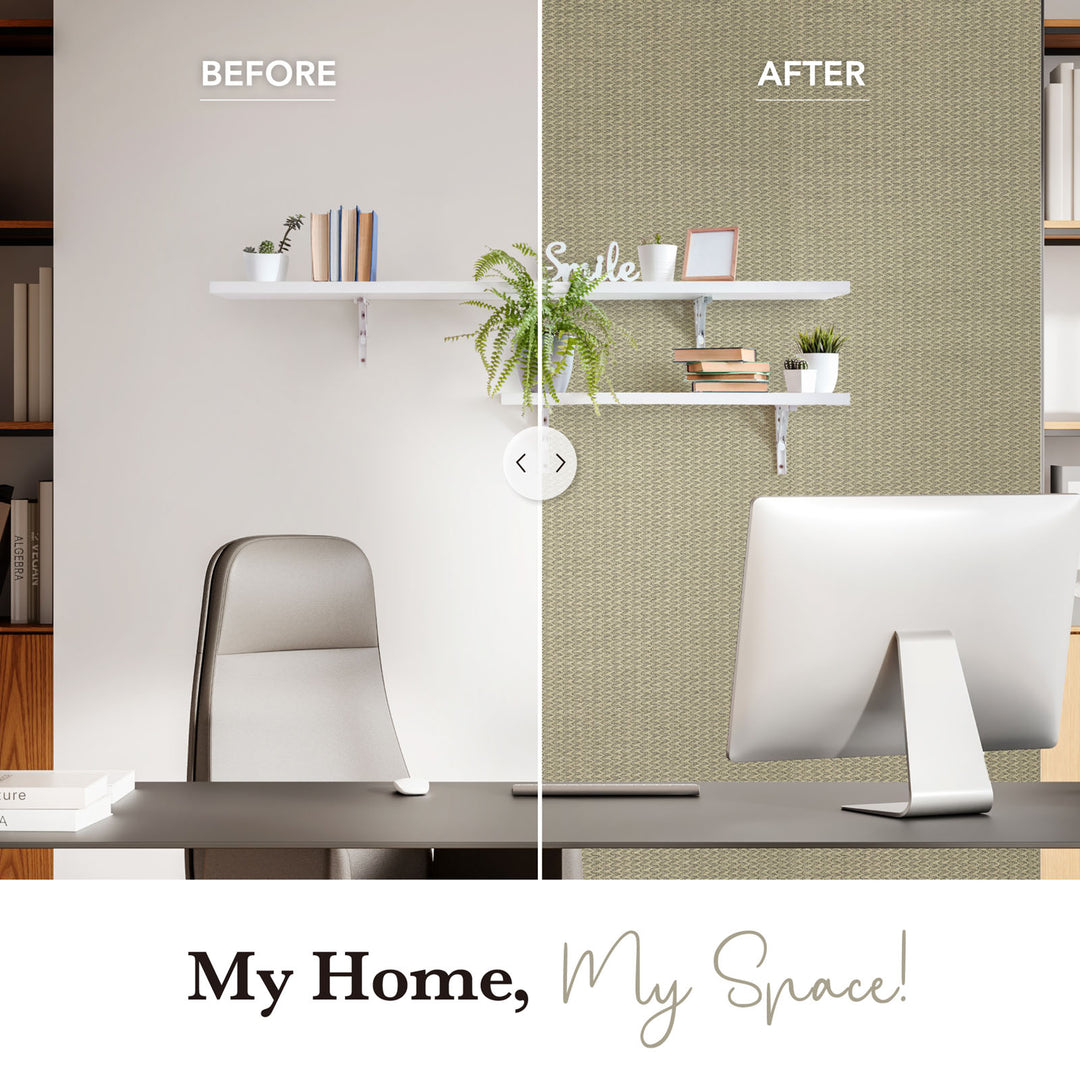 Before and after comparison of a home office setup with a green textured wall.