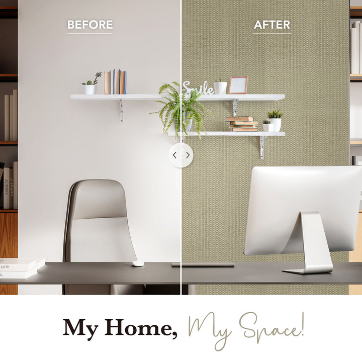 Before and after comparison of a home office setup with a green textured wall.