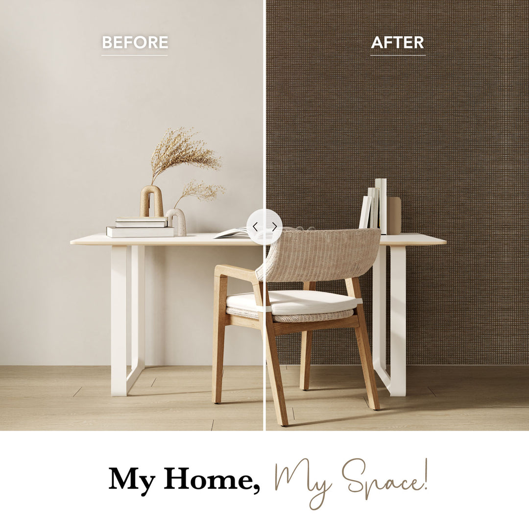 Before and after comparison of a room with furniture and decor changes.