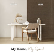 Before and after comparison of a room with furniture and decor changes.