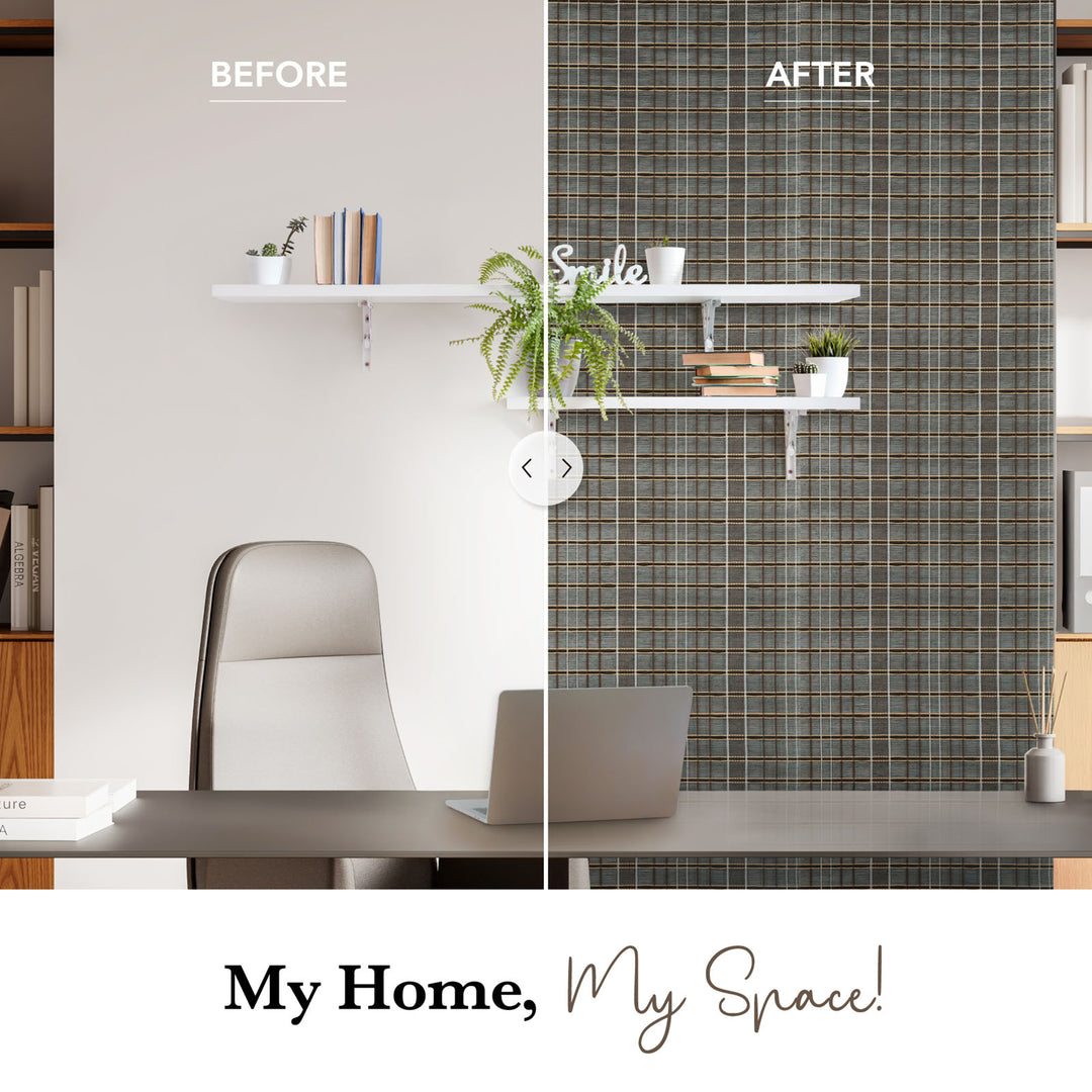 Before and after comparison of a home office setup with wall decor.