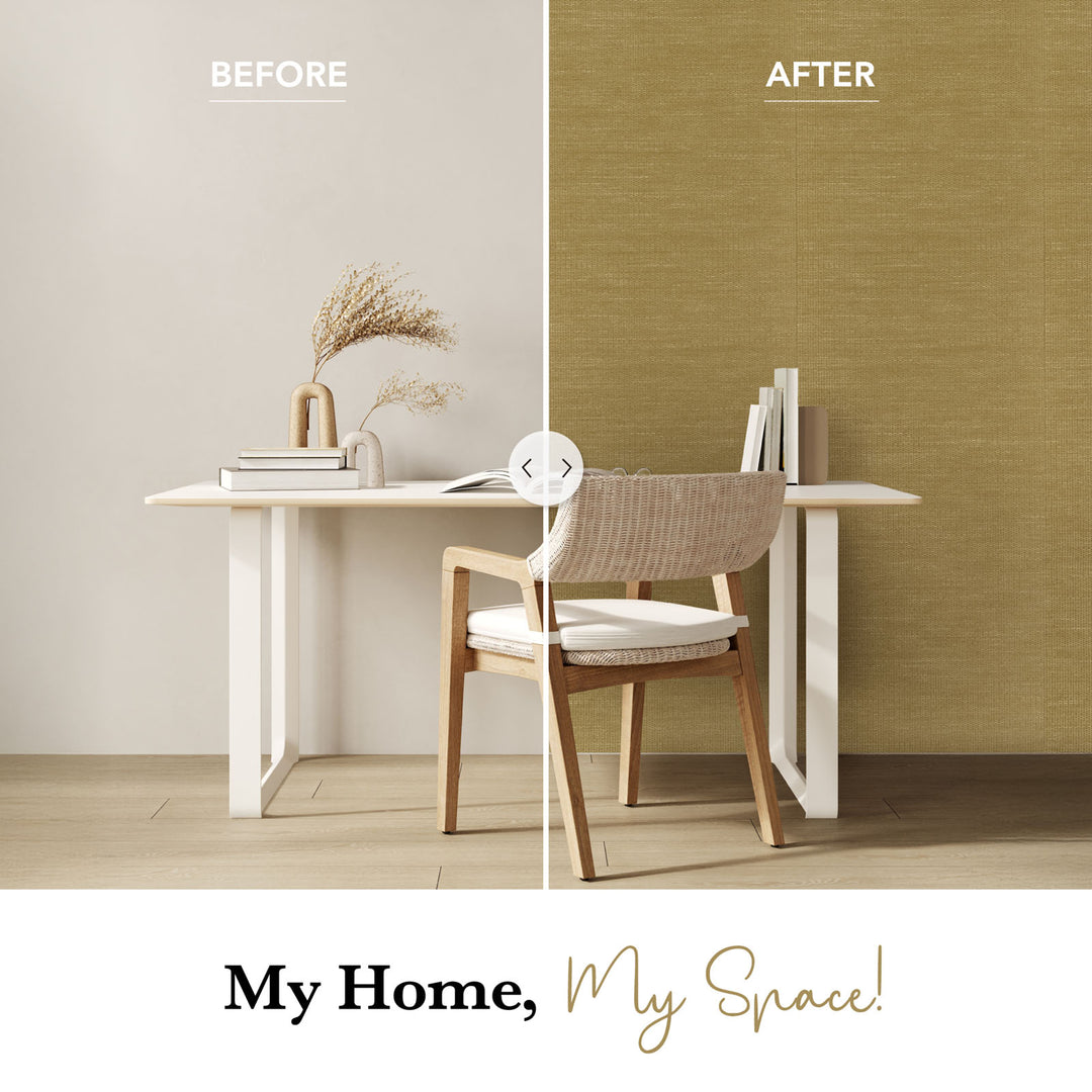 Before and after comparison of a room with a table and chair against a plain wall.