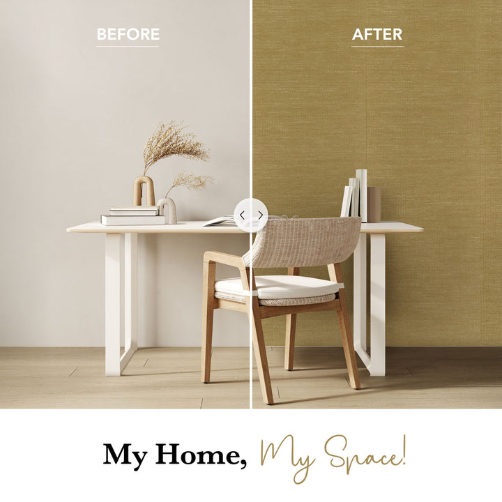 Before and after comparison of a room with a table and chair against a plain wall.