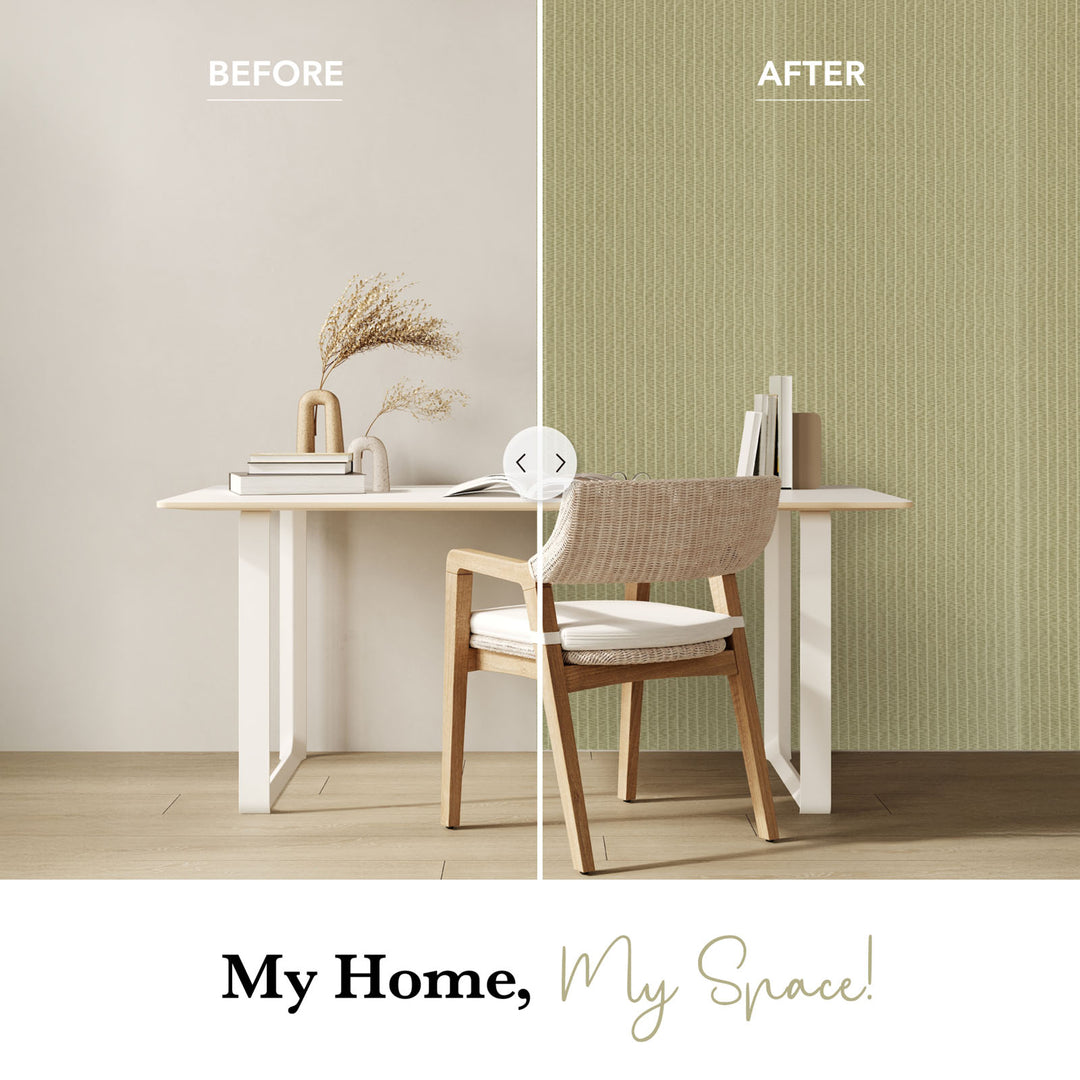 Before and after comparison of a room with a desk and chair, featuring a green wall.
