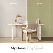 Before and after comparison of a room with a desk and chair, featuring a green wall.