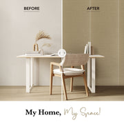 Before and after comparison of a room with a table and chair against a textured wall.