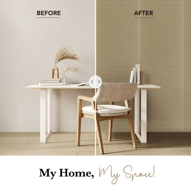 Before and after comparison of a room with a table and chair against a textured wall.