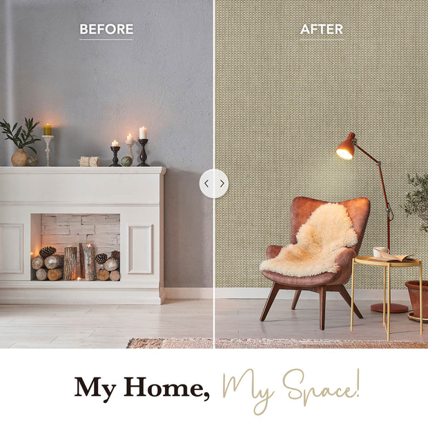Before and after comparison of a living room with decorative changes.