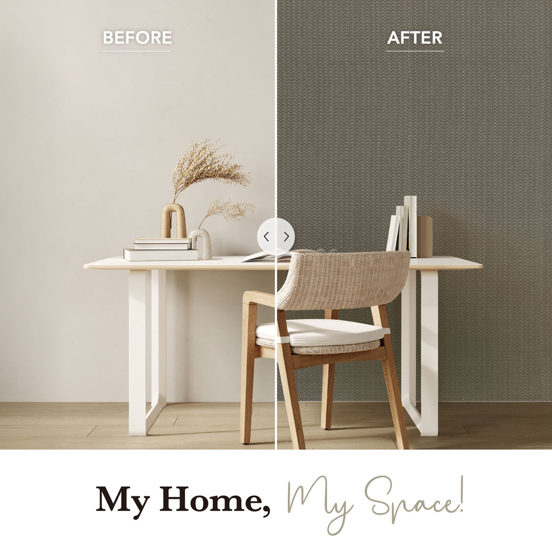 Before and after comparison of a home office setup with a wall color change.