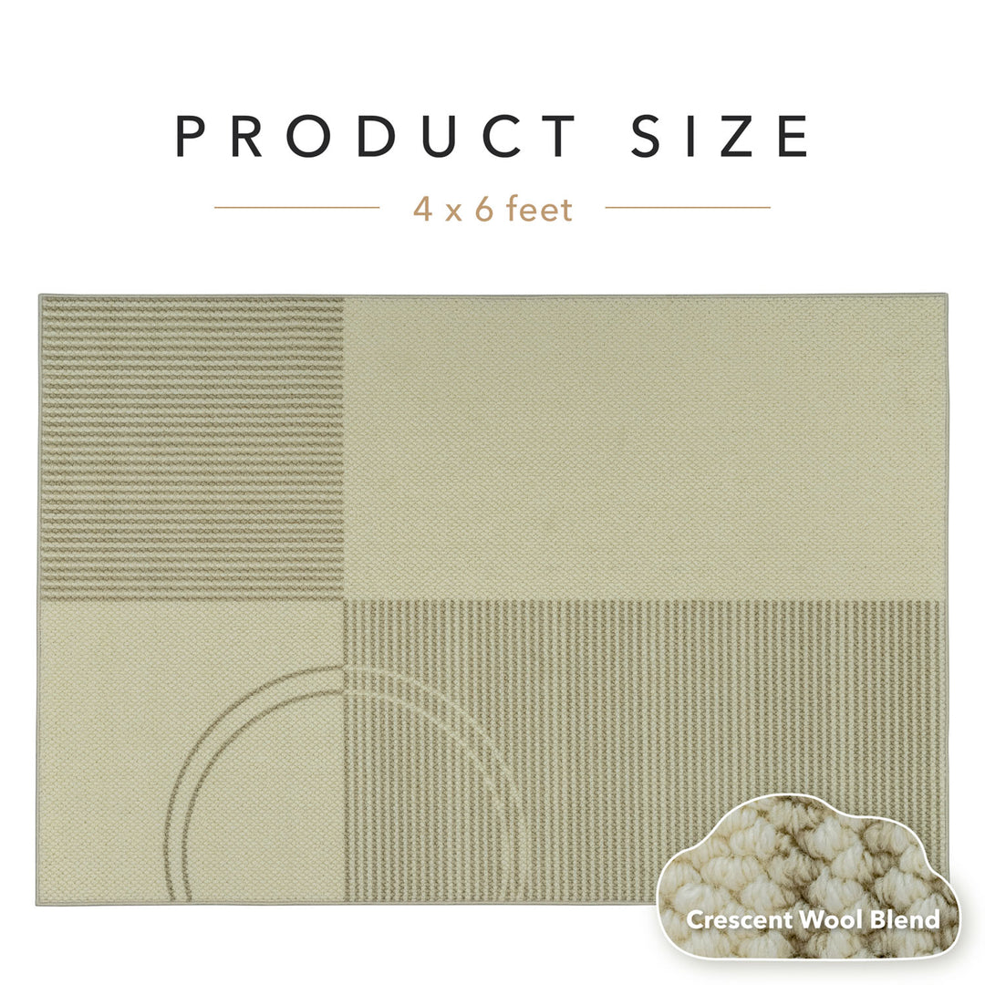Textile product size 4x6 feet with a geometric pattern and 'Crescent Wool Blend' label.