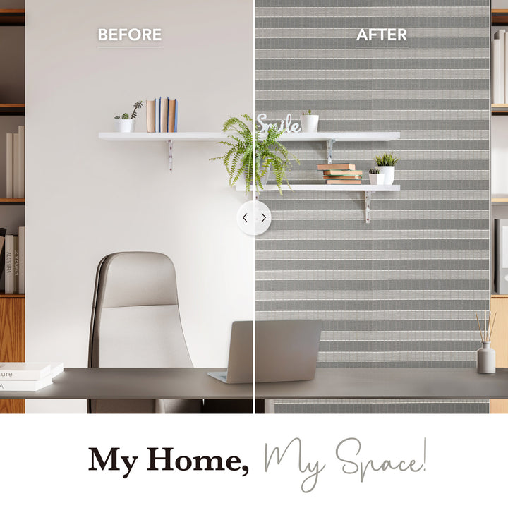GoDear Before and after comparison of a room with a striped wall and new decor elements.