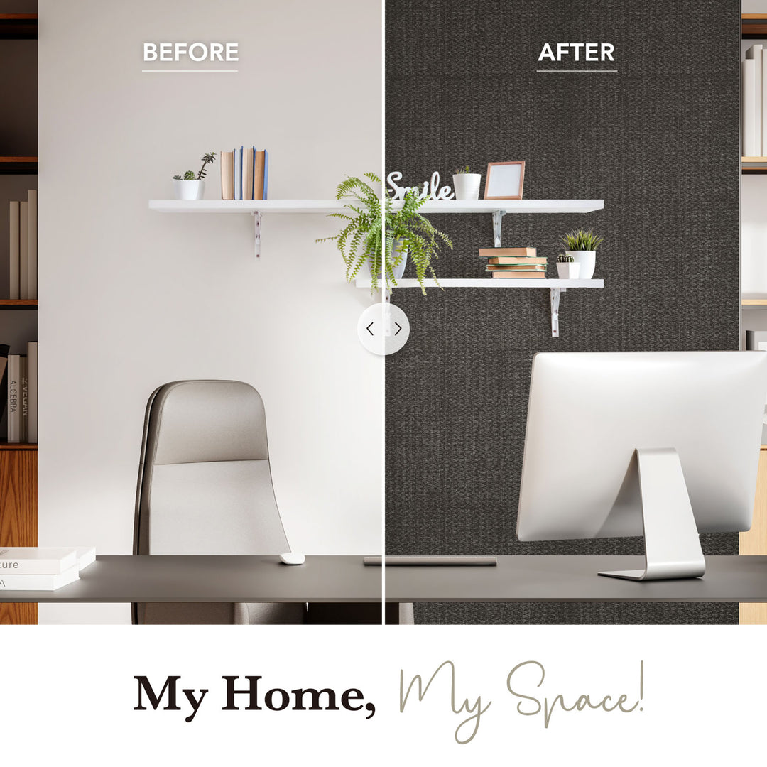Before and after comparison of a home office setup with a wall treatment change.