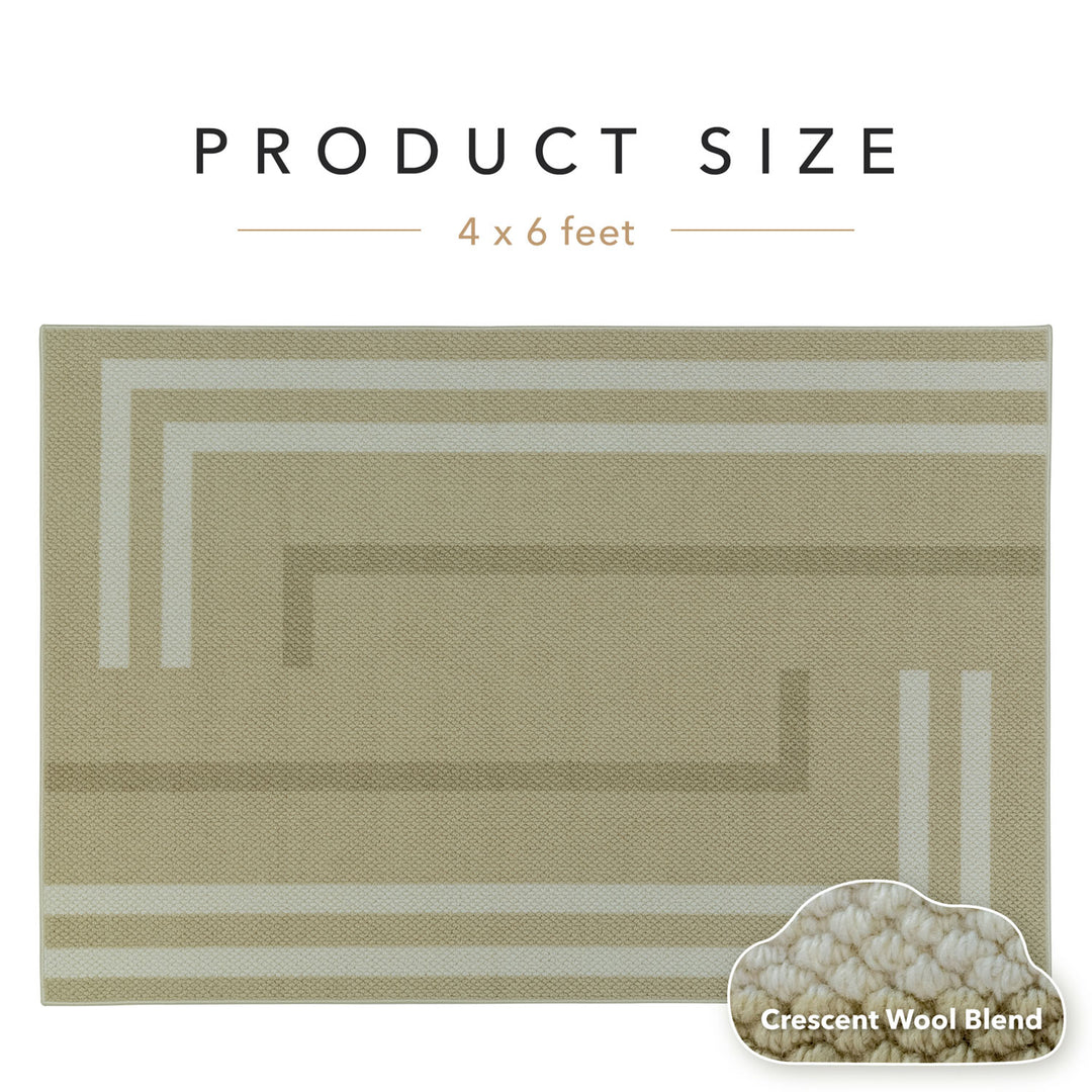 Beige rug with white stripes and product size label on a beige background