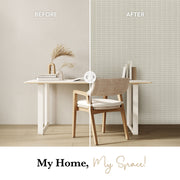 Before and after comparison of a room with a desk and chair, featuring text 'My Home, My Space!'.