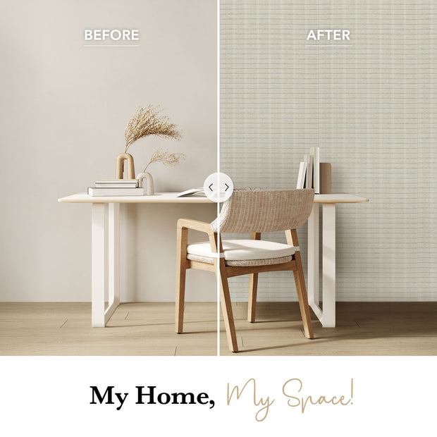 Before and after comparison of a room with a desk and chair, featuring text 'My Home, My Space!'.
