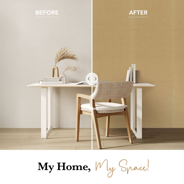 Before and after comparison of a room with a desk and chair against different wall colors.