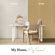 Before and after comparison of a room with a desk and chair against different wall colors.