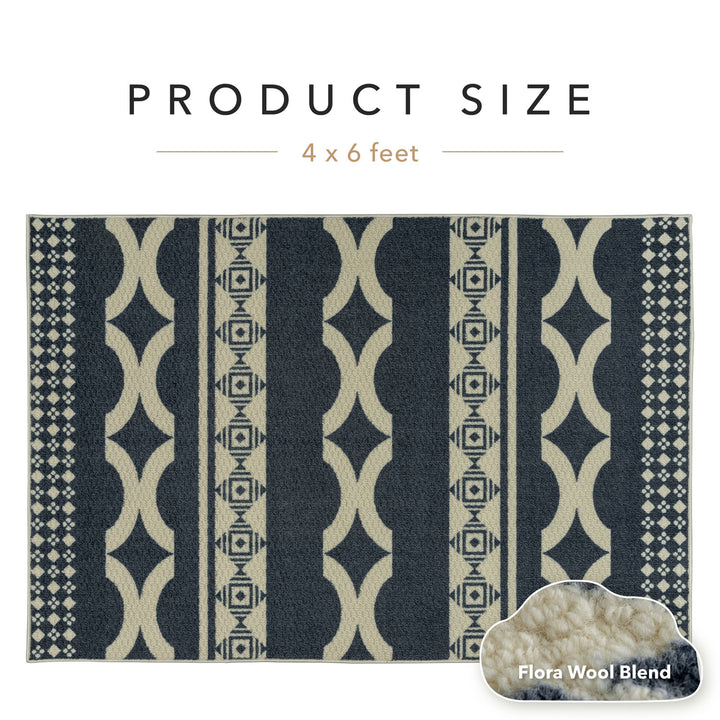 Patterned rug with geometric design on a white background, labeled 'Product Size 4 x 6 feet'.